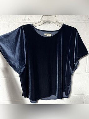 Madewell Velvet Butterfly Top L Deep Navy Blue Flutter Sleeve Boxy Holiday Jewel
